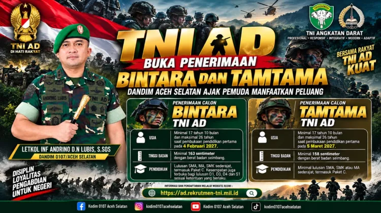 TNI AD Buka Penerimaan Bintara dan Tamtama, Dandim Aceh Selatan Ajak Pemuda Manfaatkan Peluang